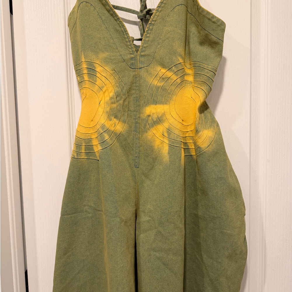 Olive Green Jumpsuit with Yellow Sunburst Detail